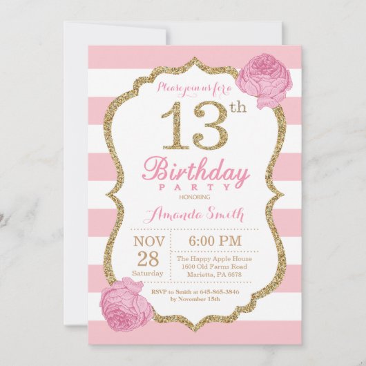 第13誕生日招待状ピンクと金ゴールドフローラ 招待状 (正面)