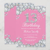 第13誕生日招待状ピンクアンドシルバーダイヤモンド 招待状 (正面/裏面)
