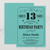 第13誕生日招待状ブラック&ティール（緑がかった色） 招待状 (正面/裏面)