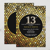 第13誕生日招待状ブラック&金ゴールドグリッター 招待状 (正面/裏面)