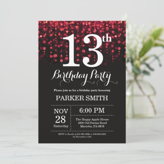 第13誕生日招待状レッドグリッター 招待状 (スタンド正面)