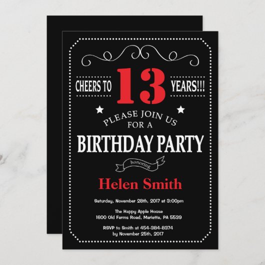 第13誕生日招待状赤と黒の黒の黒板 招待状 (正面/裏面)