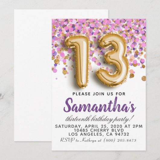 第13誕生日招待状 招待状 (正面/裏面)