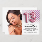 第13誕生日水玉模様グリッターポートレート 招待状 (正面/裏面)