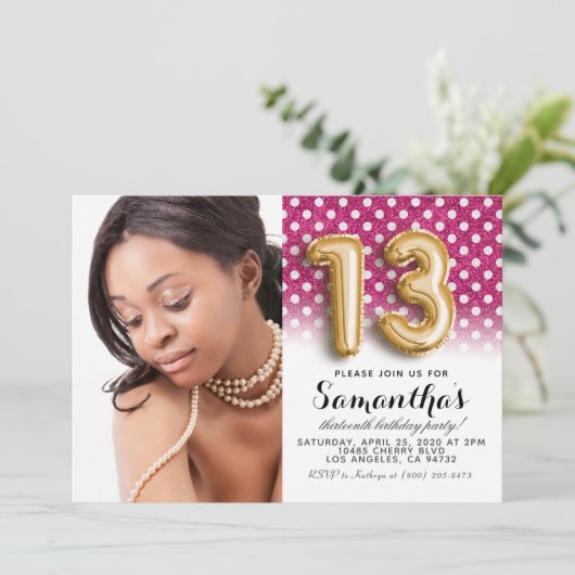 第13誕生日水玉模様グリッターポートレート 招待状 (スタンド正面)