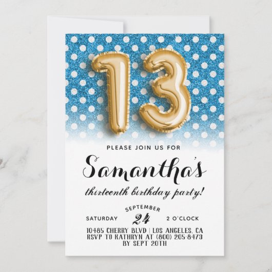 第13誕生日水玉模様グリッター招待状 招待状 (正面)