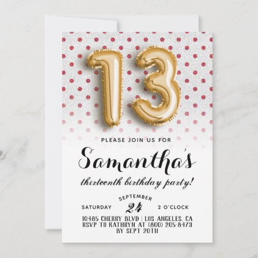 第13誕生日水玉模様グリッター招待状 招待状 (正面)