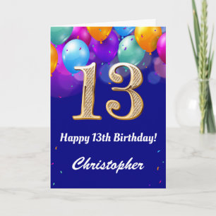 第13誕生日海軍青と金ゴールドカラフル気球 カード