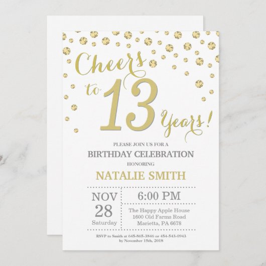 第13誕生日金ゴールドグリッターダイヤモンド招待状 招待状 (正面/裏面)