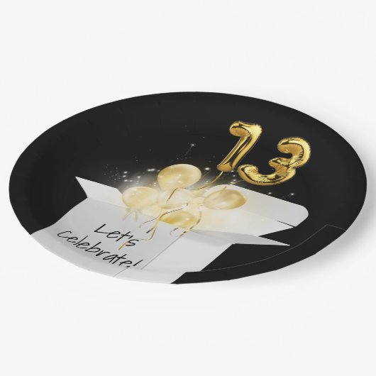 第13誕生日金ゴールドバルーン(白いボックス) ペーパープレート (アングル)