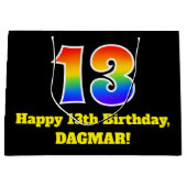 第13誕生日~おもしろい, カラフル, 鮮やか, Rainbow 13 ラージペーパーバッグ (正面)
