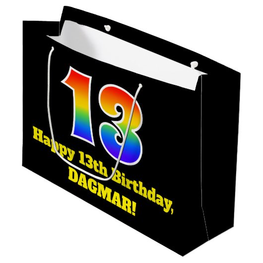 第13誕生日~おもしろい, カラフル, 鮮やか, Rainbow 13 ラージペーパーバッグ (正面アングル)