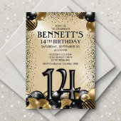 第14バルーンブラック金ゴールド誕生日 招待状