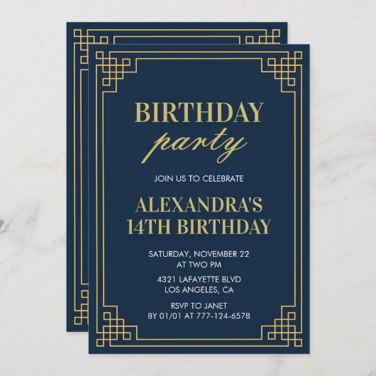 第14回バースデーパーティー招待少女海軍金ゴールド 招待状 (正面/裏面)