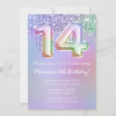第14回バースデーパーティー招待紫ピンクグリッター 招待状 (正面)