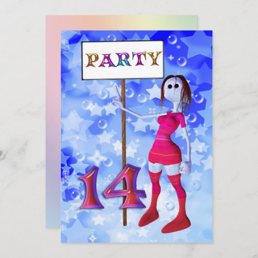 第14回誕生日パーティーの看板の招待状 招待状 (正面/裏面)