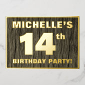 第14回誕生日パーティーはっきりした：木目フェイク模様 箔招待状 (正面)