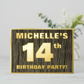 第14回誕生日パーティーはっきりした:木目フェイク模様 箔招待状 (立ち正面)