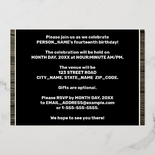 第14回誕生日パーティーはっきりした：木目フェイク模様 箔招待状 (裏面)