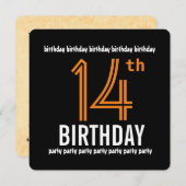 第14誕生会のモダンなオレンジおよび黒い 招待状 (正面/裏面)