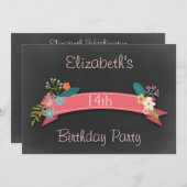 第14誕生日のピンクの旗によっては黒板が開花します 招待状 (正面/裏面)