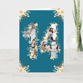 第14誕生日フォトコラージイエローフラワーティール（緑がかった色） カード