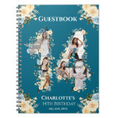 第14誕生日フォトコラージイエローフラワーティール(緑がかった色) ノートブック (正面)