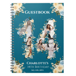 第14誕生日フォトコラージイエローフラワーティール（緑がかった色） ノートブック