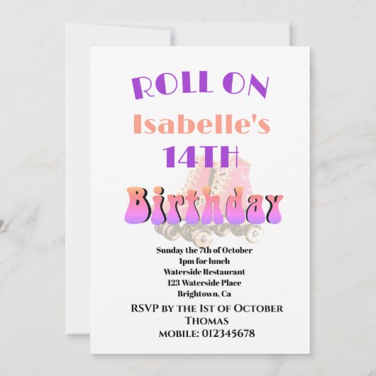 第14誕生日レトロローラースケート紫サンビーム 招待状 (裏面)