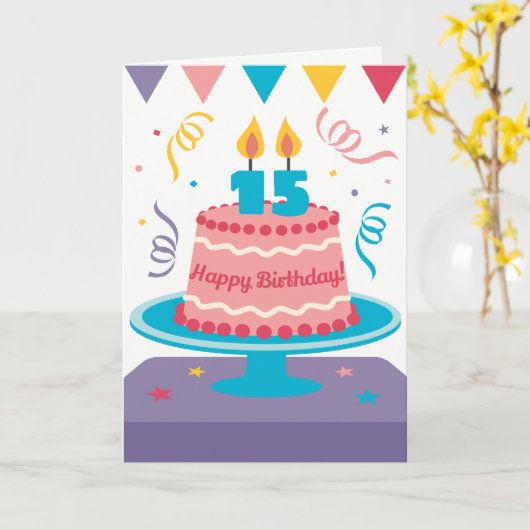 第15お誕生日ケーキ カード (黄色い花)