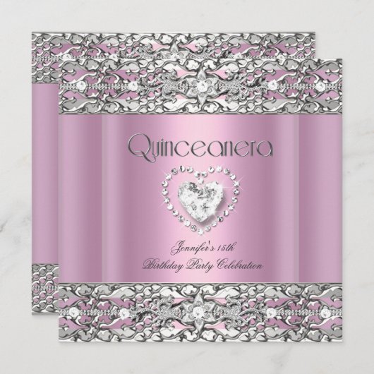 第15回キンセアニェラ誕生日パーティーピンクシルバー 招待状 (正面/裏面)