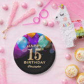 第15回誕生会ブラック・アンド・金ゴールド風船 ペーパープレート (パーティー)