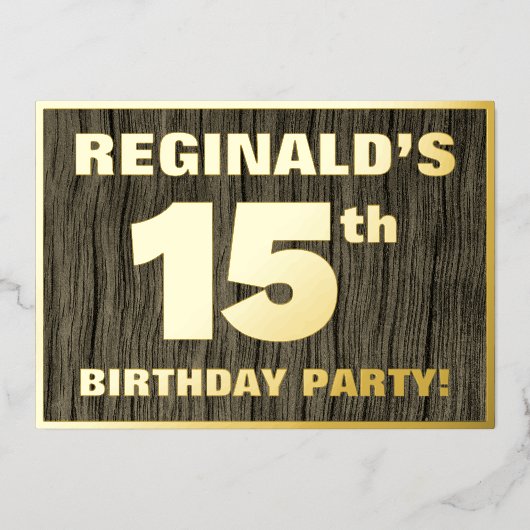 第15回誕生日パーティーはっきりした:木目フェイク模様 箔招待状 (正面)