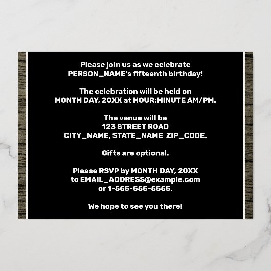 第15回誕生日パーティーはっきりした:木目フェイク模様 箔招待状 (裏面)