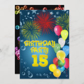 第15回誕生日パーティーへの招待（風船あり） 招待状 (正面/裏面)