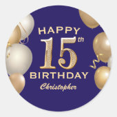 第15回誕生日会ネイビーブルーと金ゴールド風船 ラウンドシール (正面)