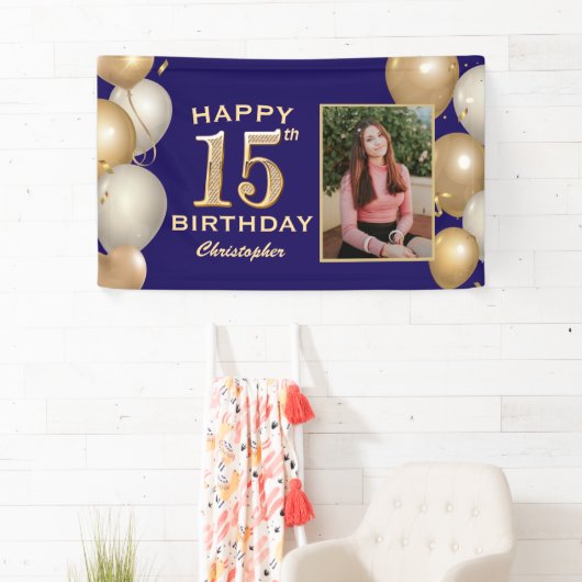 第15回誕生日会ネイビーブルーと金ゴールド風船 横断幕 (インサイチュ)