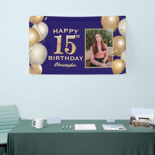 第15回誕生日会ネイビーブルーと金ゴールド風船 横断幕 (トレードショー)