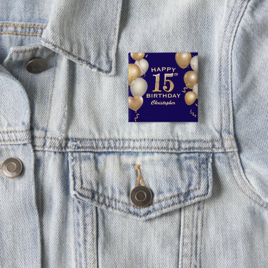 第15回誕生日会ネイビーブルーと金ゴールド風船 缶バッジ (インサイチュ)