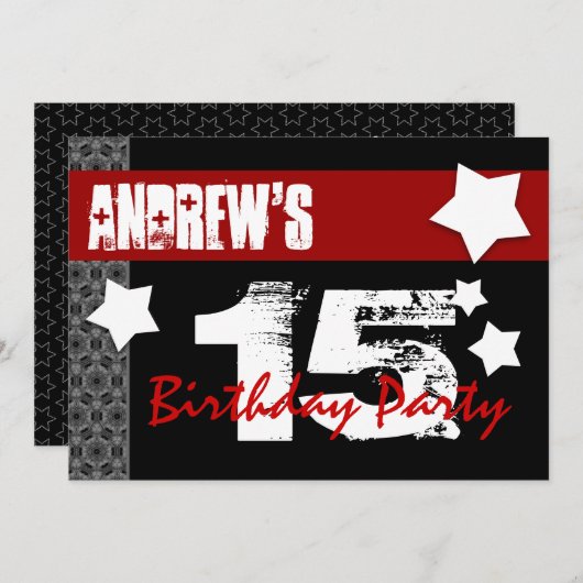 第15彼のための誕生日のモダン赤く白い黒W10B 招待状 (正面/裏面)