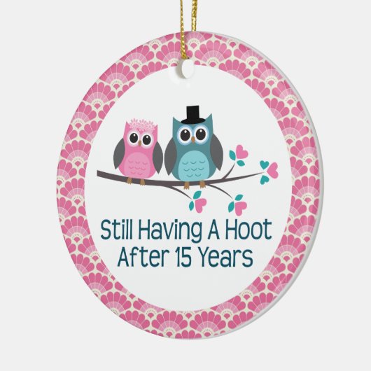 第15記念日のフクロウの結婚記念日のギフト セラミックオーナメント (左)