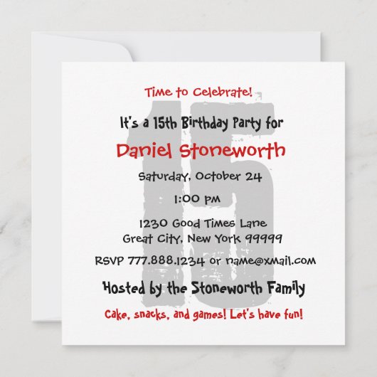 第15誕生会の黒の赤い白W10A 招待状 (裏面)