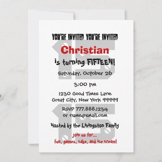 第15誕生日のモダンで10代のな白黒はW10Cを主演します 招待状 (裏面)