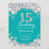 第15誕生日の招待状のティール（緑がかった色）および銀のダイヤモンド 招待状 (正面/裏面)