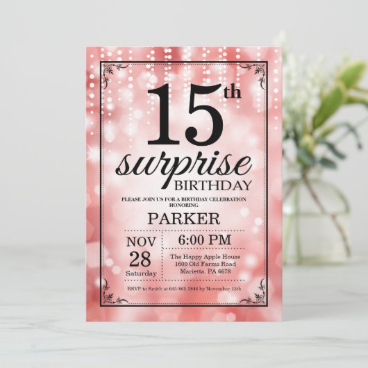 第15誕生日の招待状の赤いグリッターを驚かして下さい 招待状 (スタンド正面)