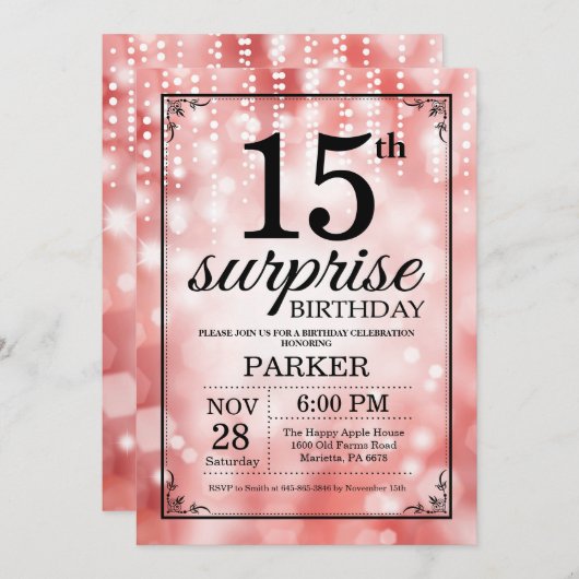 第15誕生日の招待状の赤いグリッターを驚かして下さい 招待状 (正面/裏面)