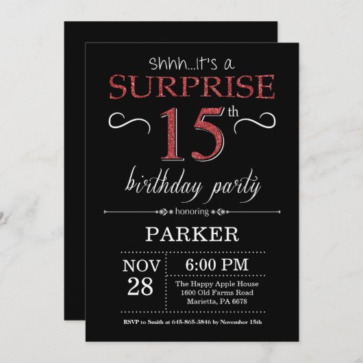 第15誕生日の招待状の黒および赤を驚かして下さい 招待状 (正面/裏面)