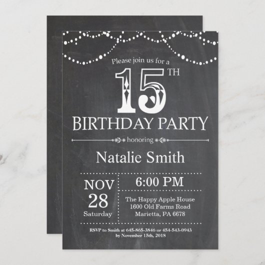 第15誕生日の招待状の黒板のひもライト 招待状 (正面/裏面)