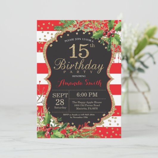 第15誕生日の招待状。 クリスマスの赤く黒い金ゴールド 招待状 (スタンド正面)