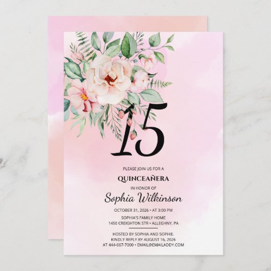第15誕生日キンセアニェラ素朴フローラ水彩 招待状 (正面/裏面)
